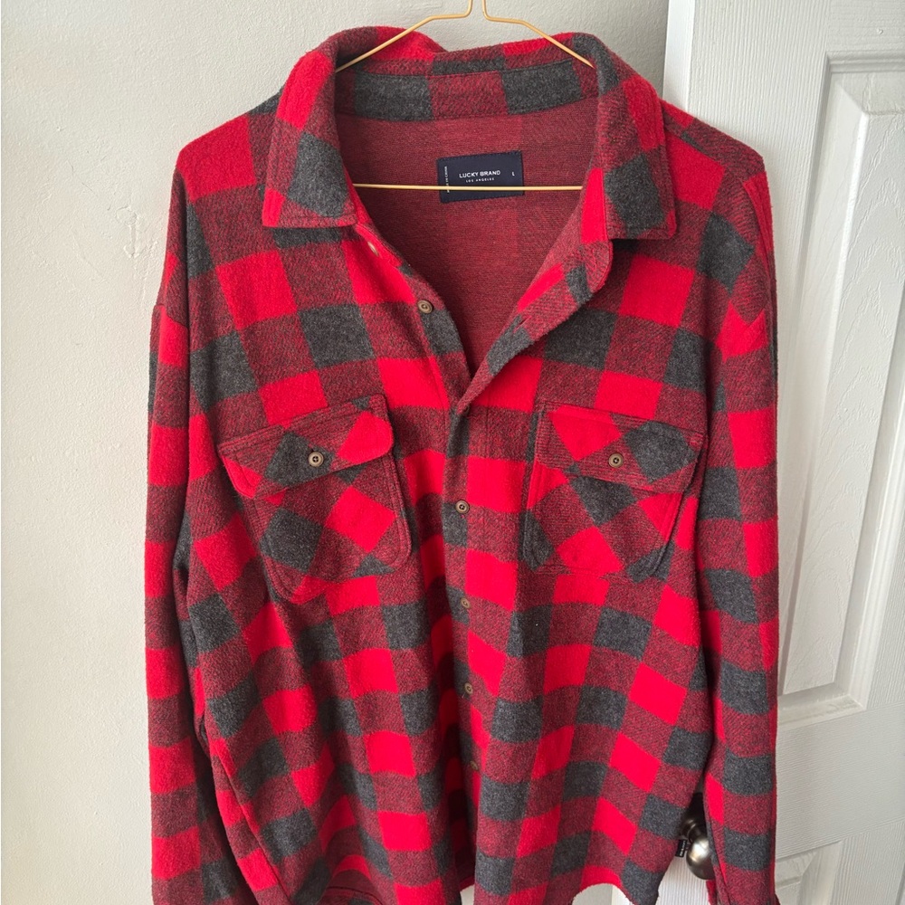 Red and Gray Fleece Plaid Button-Up Shirt